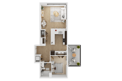 A floor plan of a house with a kitchen, living room, and two bedrooms  at Spyglass Hill Apartments, Bremerton, 98337